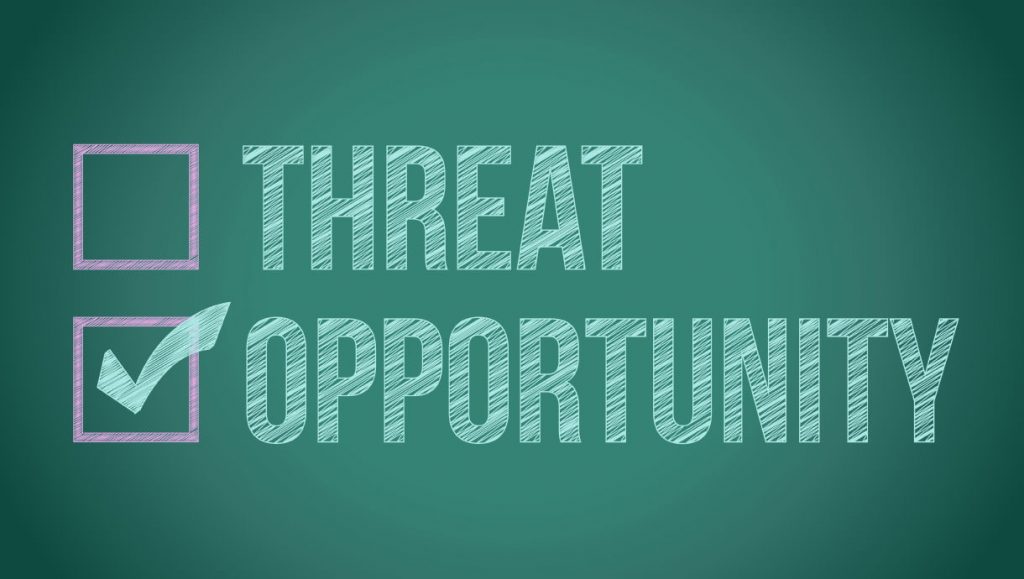 Chalkboard with Threat and Opportunity, where Opportunity is Checked