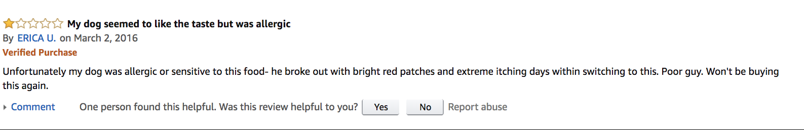 A review for Zignature dog food on amazon indicating a dog had an allergic reaction