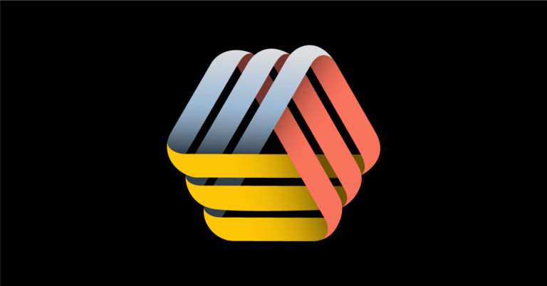 An infinite, triad icon with three colors - blue, coral, and yellow.